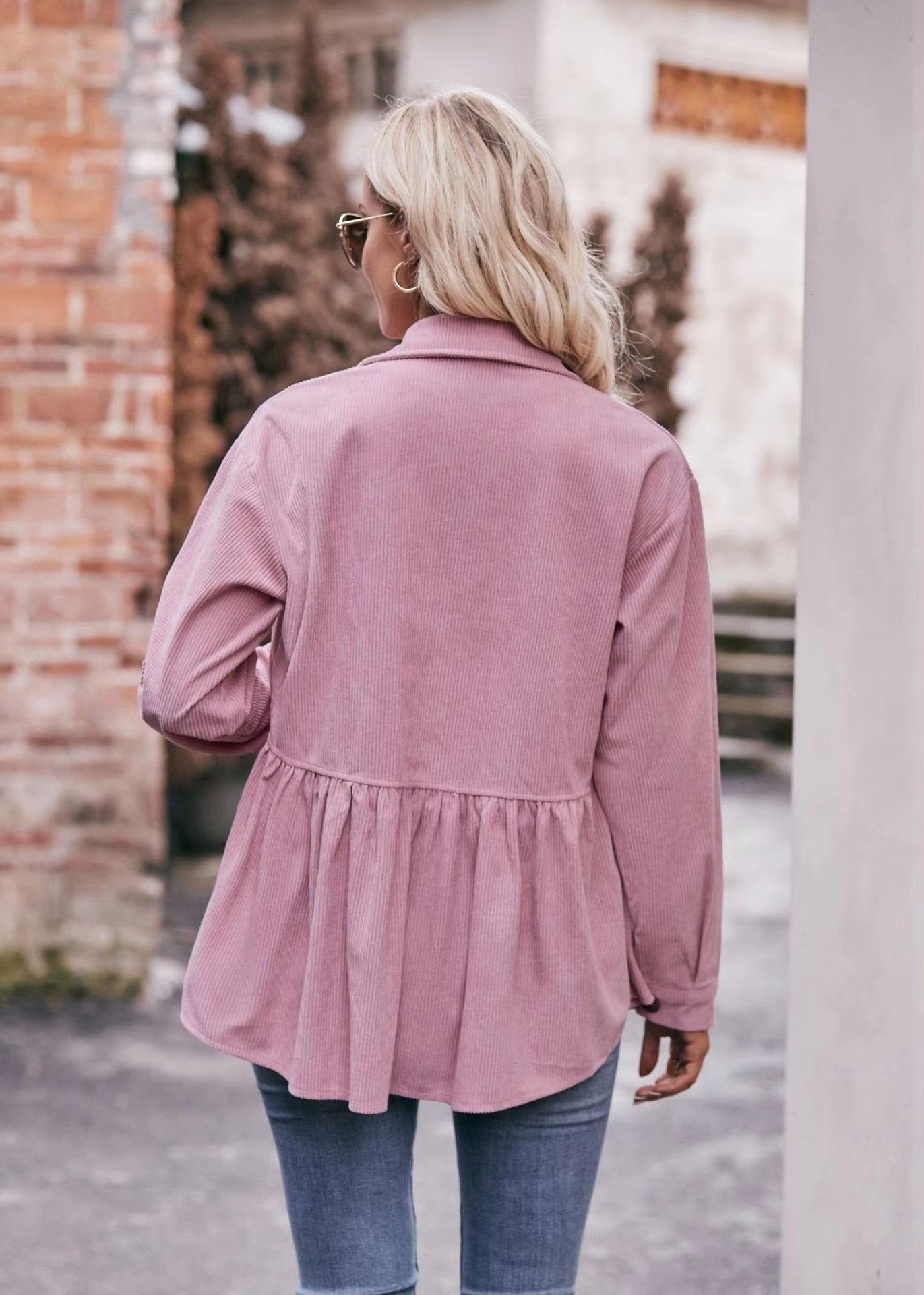 Elegant 2 Pocket Lapel Single-breasted Thicken Blouses Warm Long Sleeve T-shirt Mssza
