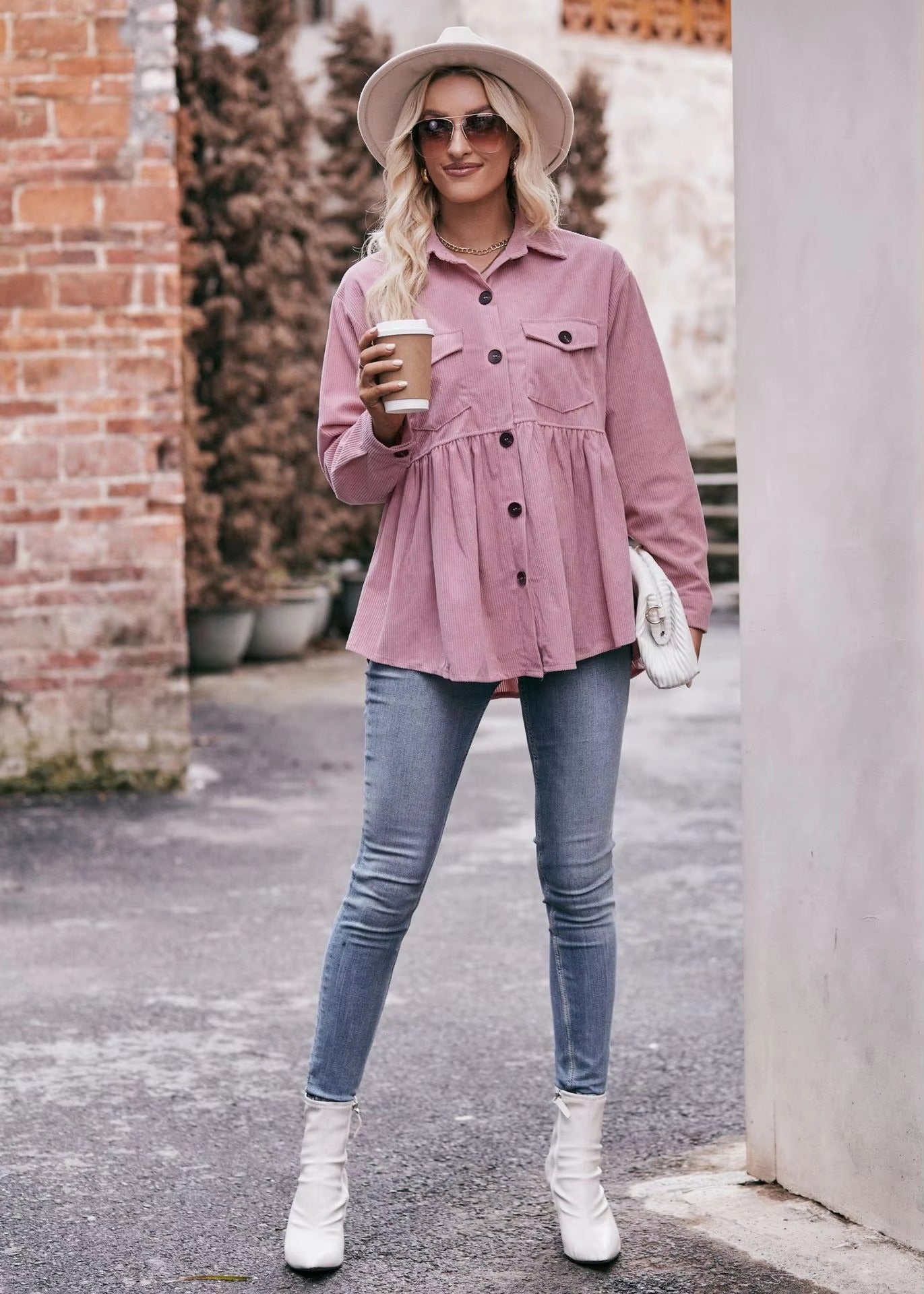 Elegant 2 Pocket Lapel Single-breasted Thicken Blouses Warm Long Sleeve T-shirt Mssza