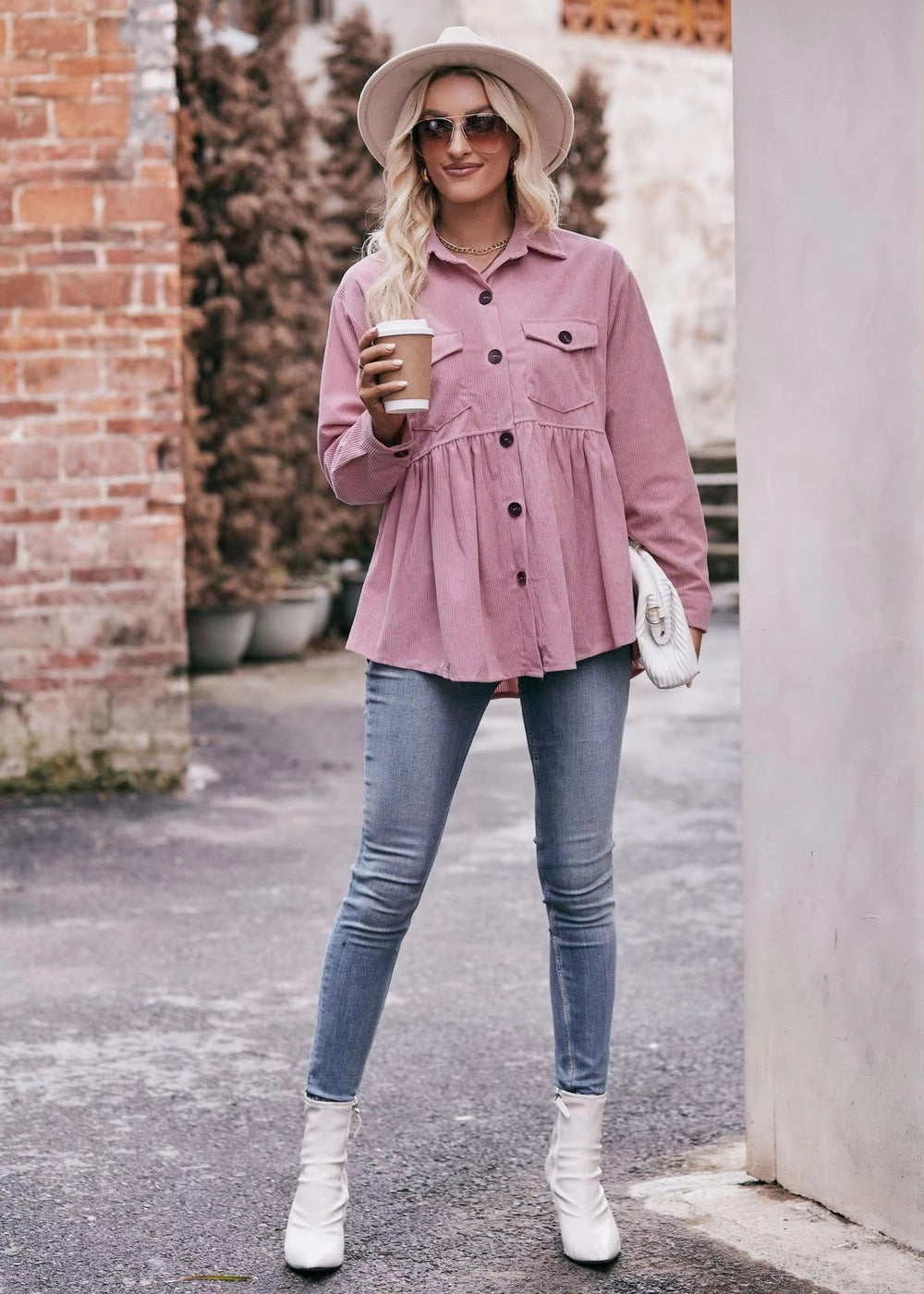 Elegant 2 Pocket Lapel Single-breasted Thicken Blouses Warm Long Sleeve T-shirt Mssza