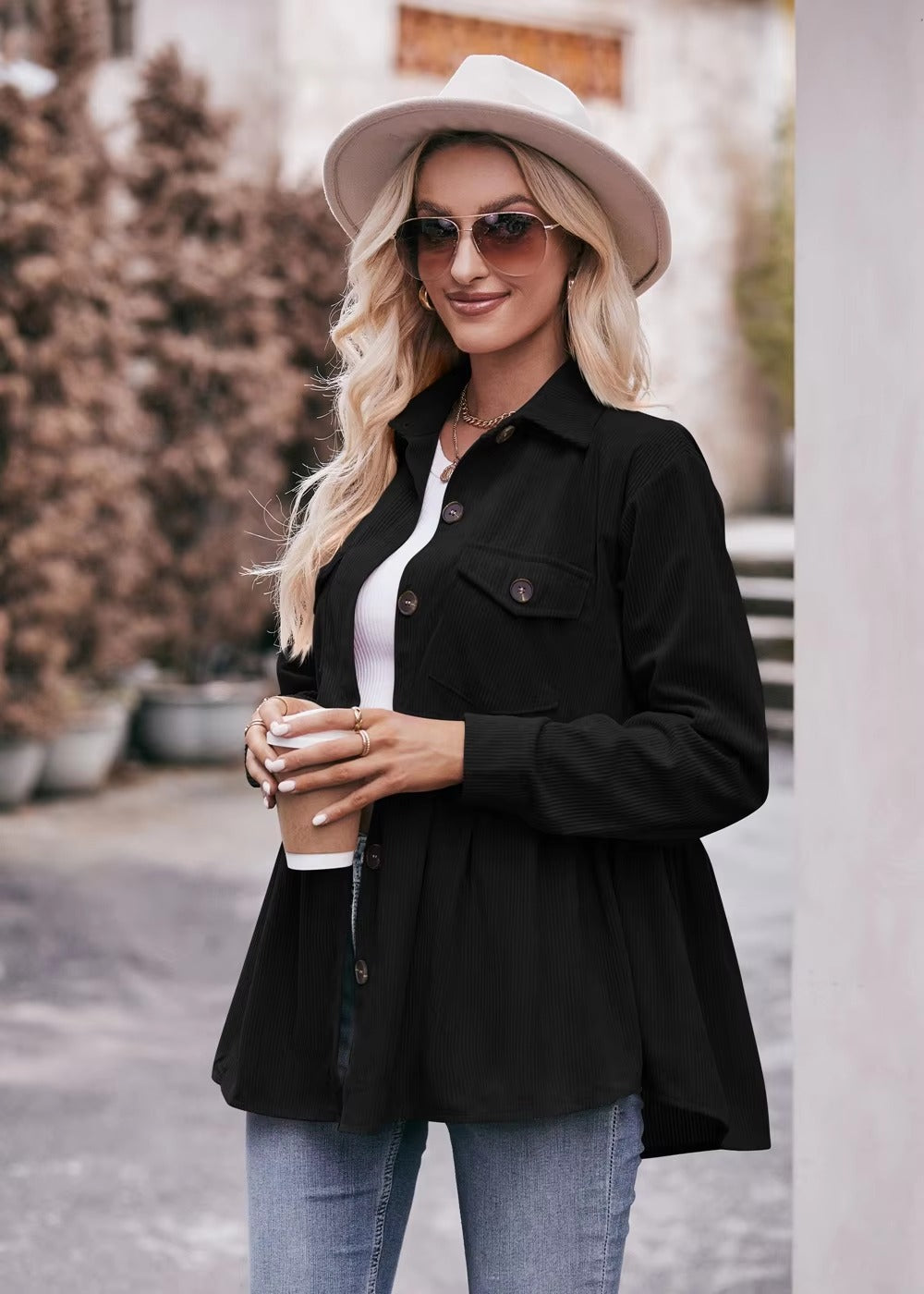 Elegant 2 Pocket Lapel Single-breasted Thicken Blouses Warm Long Sleeve T-shirt Mssza