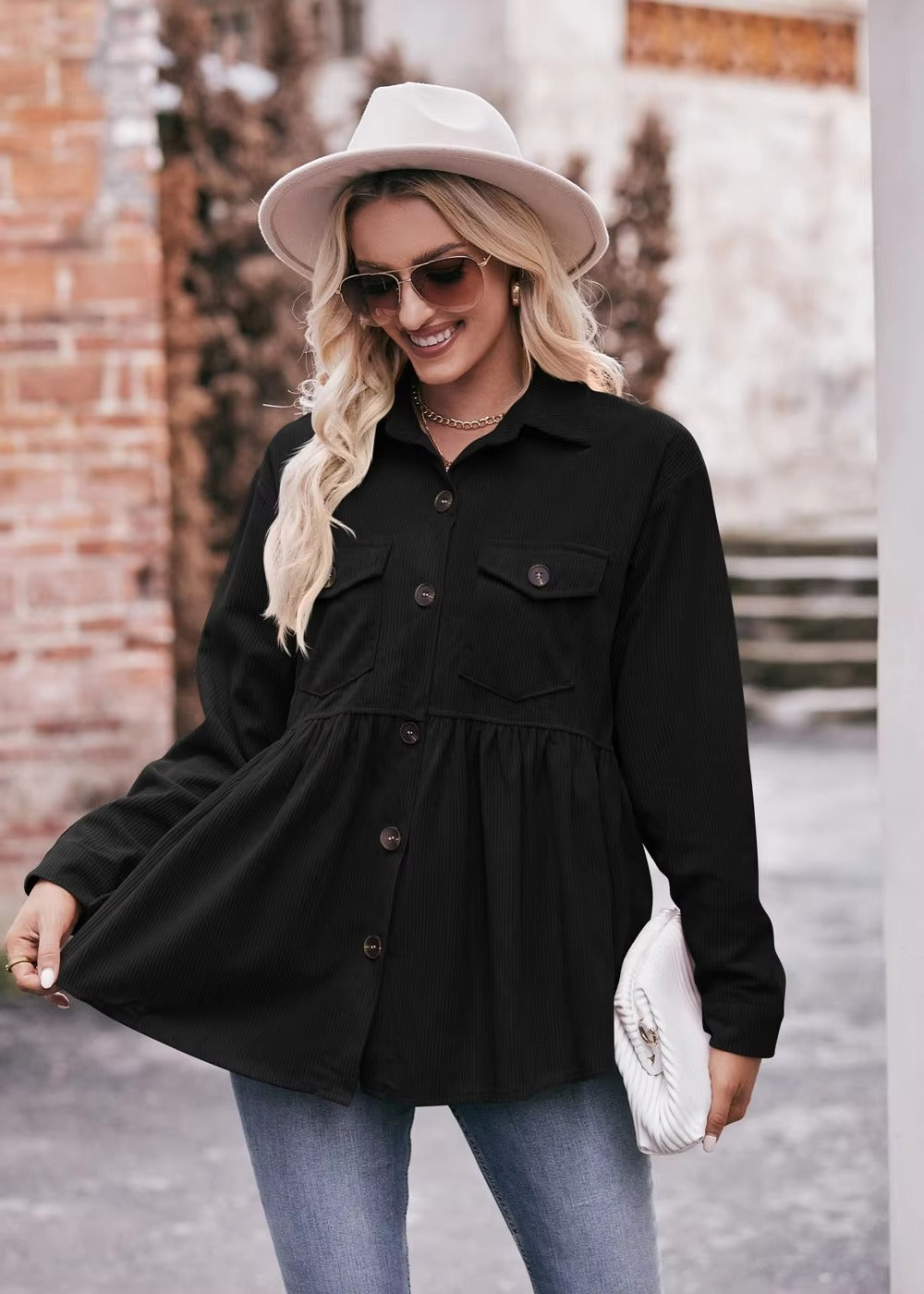 Elegant 2 Pocket Lapel Single-breasted Thicken Blouses Warm Long Sleeve T-shirt Mssza