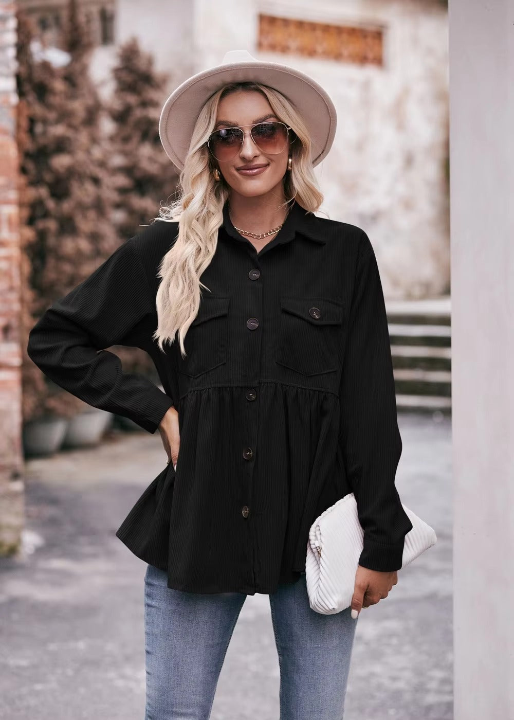 Elegant 2 Pocket Lapel Single-breasted Thicken Blouses Warm Long Sleeve T-shirt Mssza