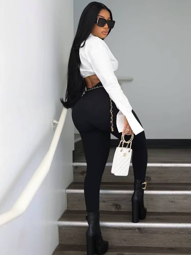 Elegant Long Sleeve Polo Neck Solid Office Lady Crop Tops Mssza