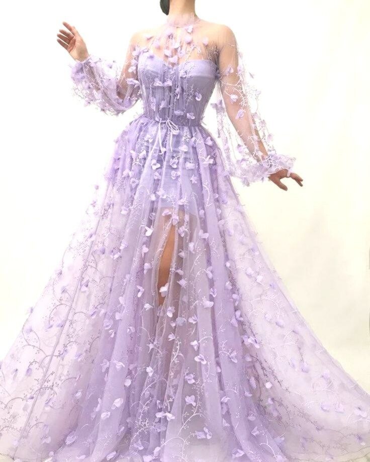 Autumn New Long Sleeve Purple Appliques Slim Prom Dress Mssaz Desses