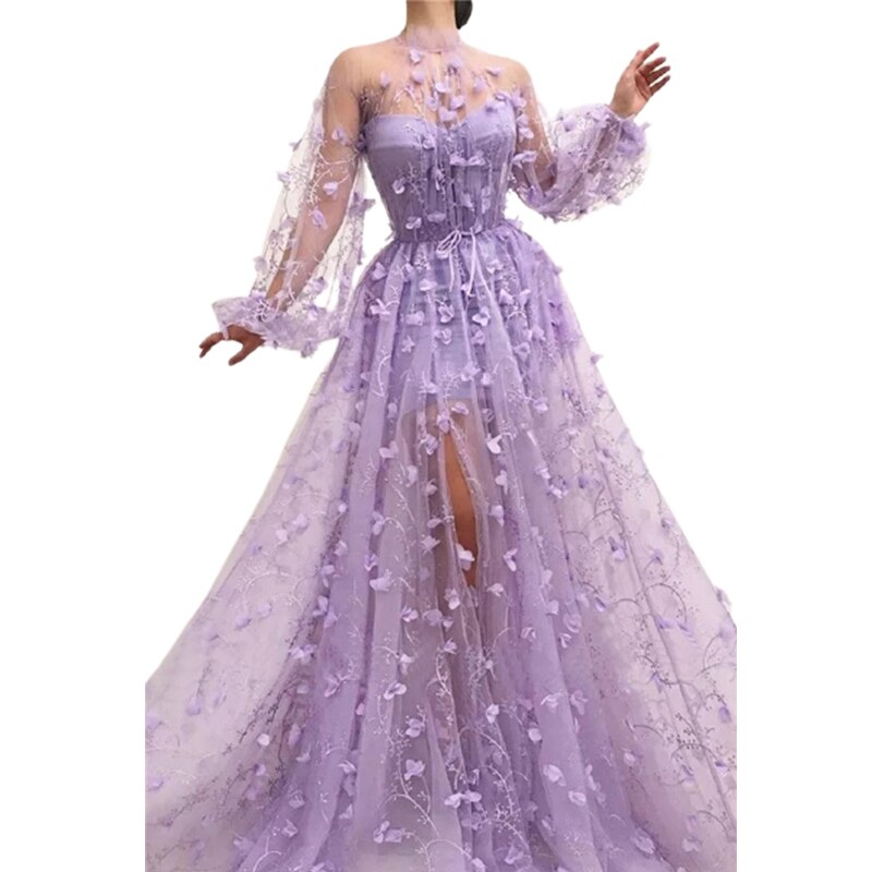Autumn New Long Sleeve Purple Appliques Slim Prom Dress Mssaz Desses