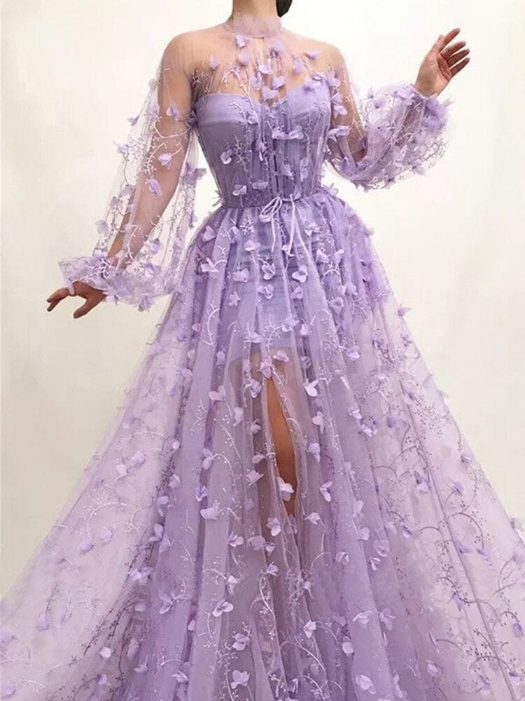 Autumn New Long Sleeve Purple Appliques Slim Prom Dress Mssaz Desses