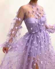 Autumn New Long Sleeve Purple Appliques Slim Prom Dress Mssaz Desses