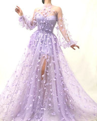 Autumn New Long Sleeve Purple Appliques Slim Prom Dress Mssaz Desses