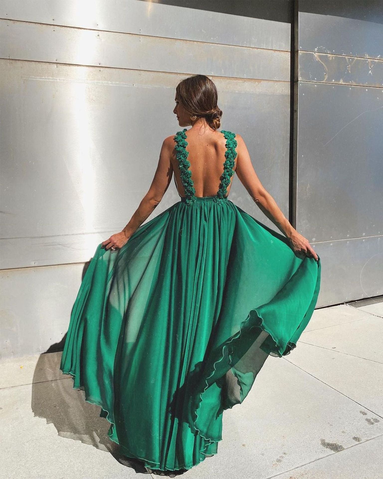 Sleeveless Green A Line  Backless Prom Dresses Mssaz Desses