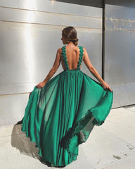 Sleeveless Green A Line  Backless Prom Dresses Mssaz Desses