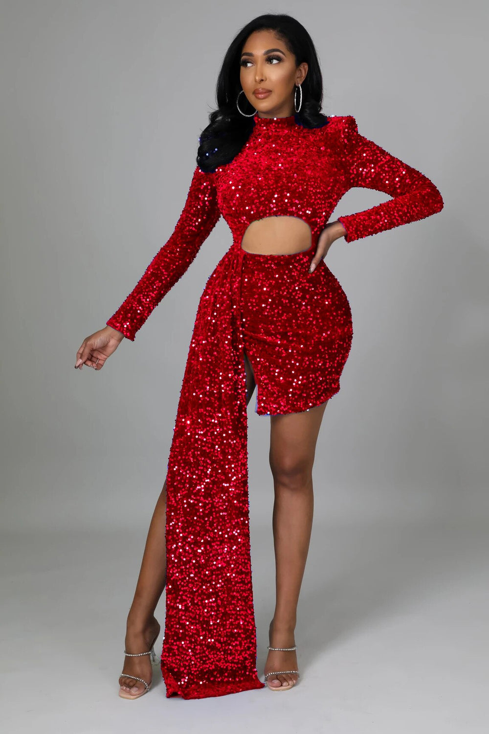 Solid Hollow Out Draped O-neck Long Sleeve Party Mini Dress Mssaz Desses