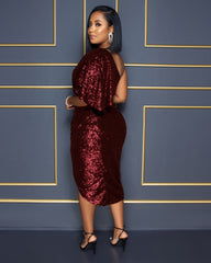 Solid Sequins One Puff Sleeve Celebrity Party Midi Dress Mssaz Desses