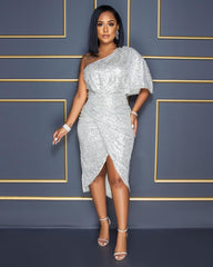 Solid Sequins One Puff Sleeve Celebrity Party Midi Dress Mssaz Desses