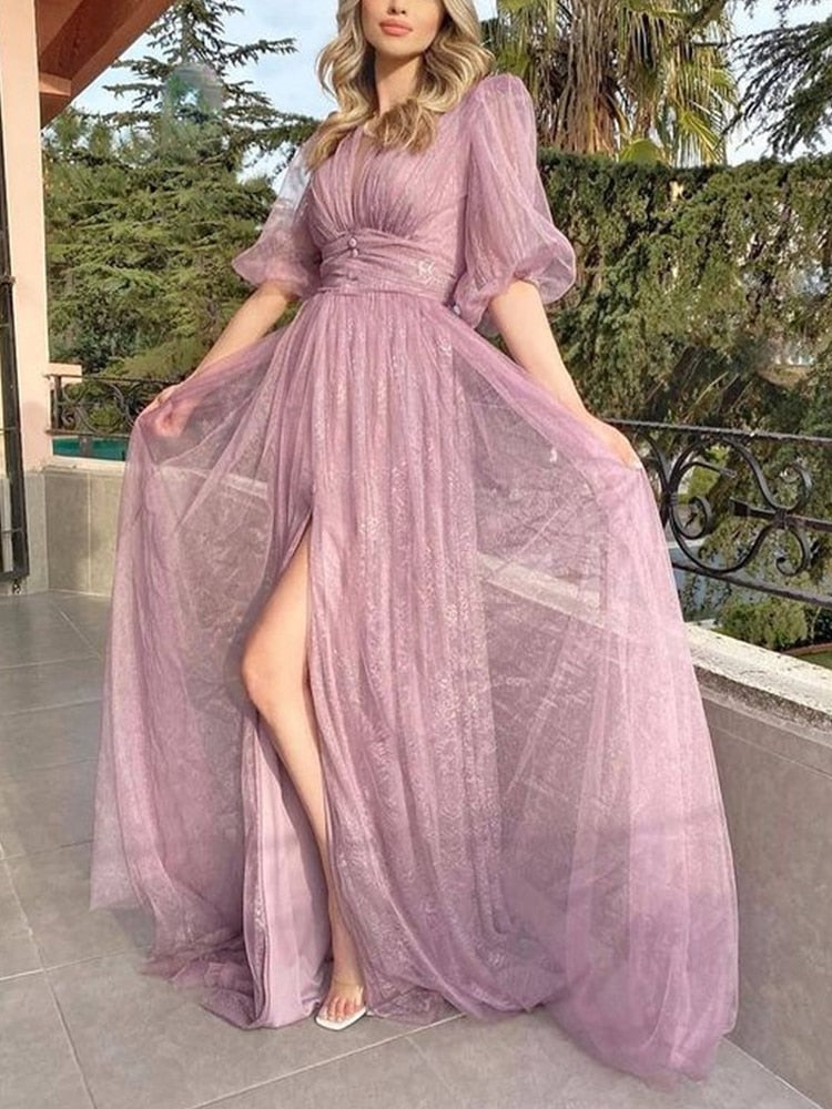 New Style  Lace Purple Mesh Half Sleeved Prom Dresses Mssaz Desses