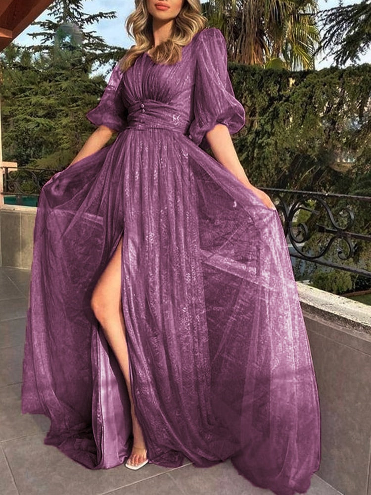 New Style  Lace Purple Mesh Half Sleeved Prom Dresses Mssaz Desses