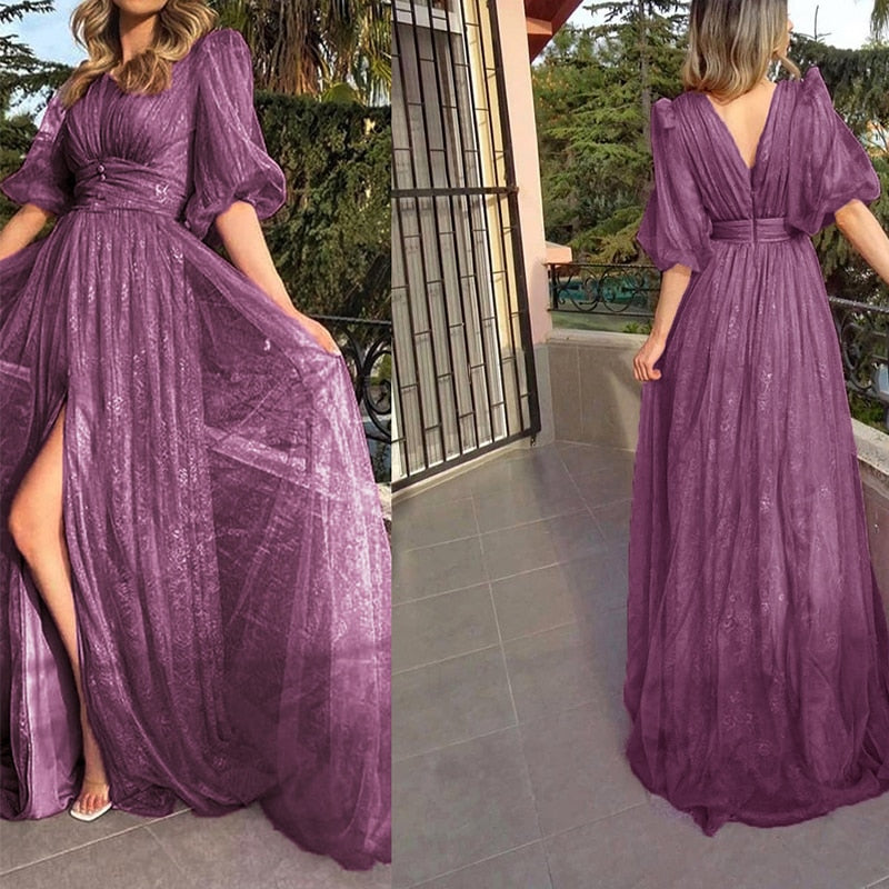 New Style  Lace Purple Mesh Half Sleeved Prom Dresses Mssaz Desses
