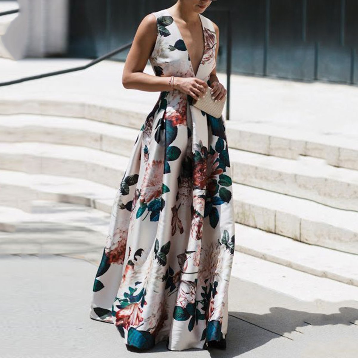 Trendy Sleeveless Deep V Neck Full Length Prom Dresses Mssaz Desses