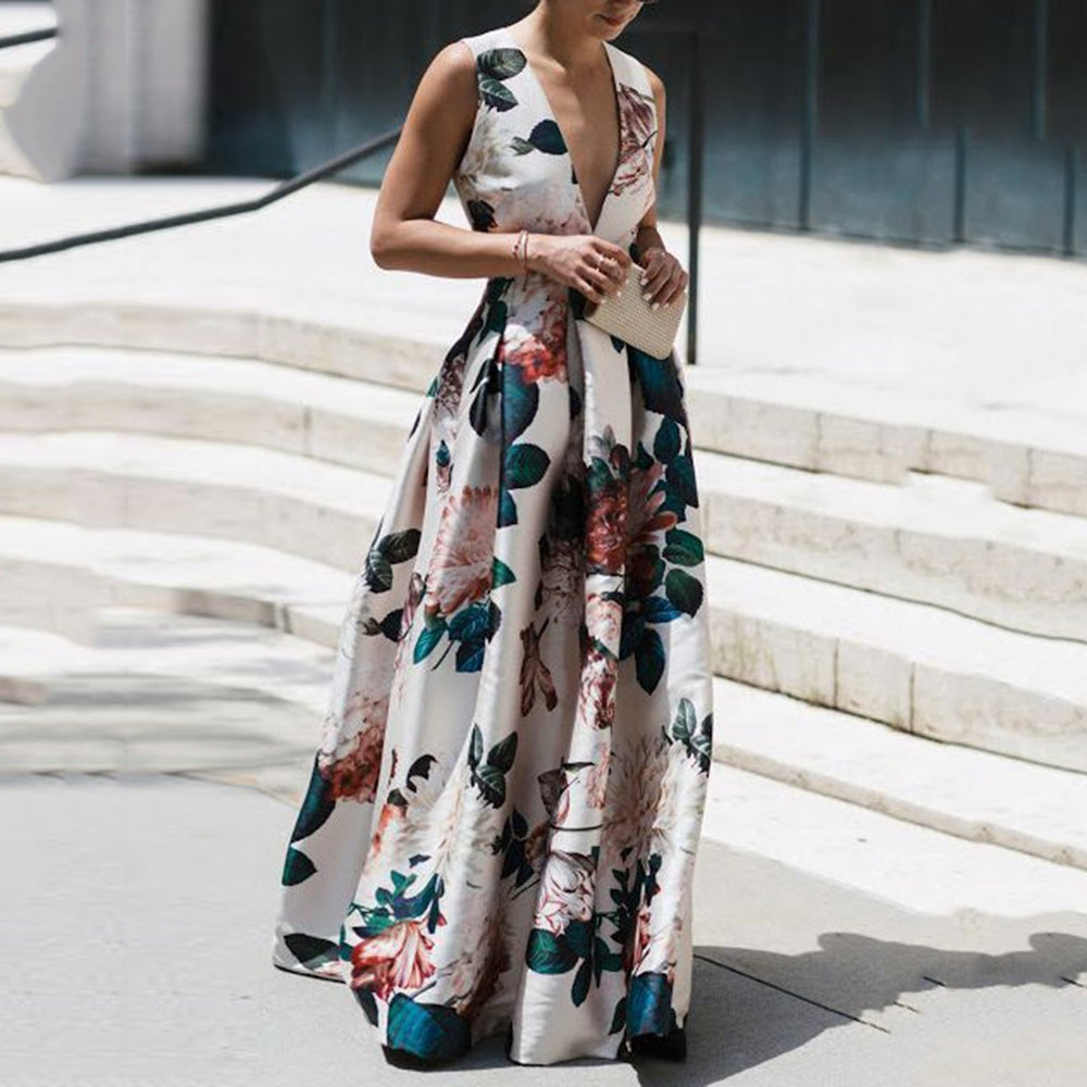Trendy Sleeveless Deep V Neck Full Length Prom Dresses Mssaz Desses