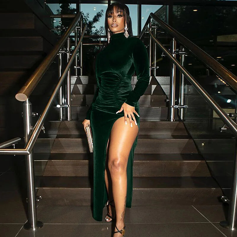 Autumn Winter Velvet Long Sleeve Ruched Side Slit Bodycon  Streetwear Party Elegant Club Midi Dress Mssaz Desses