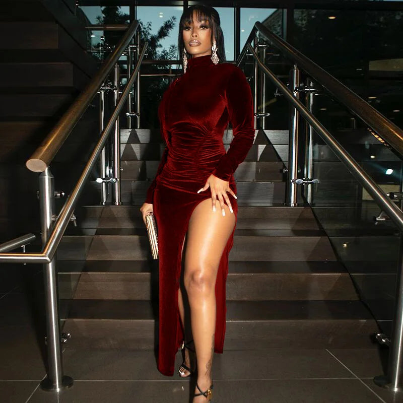 Autumn Winter Velvet Long Sleeve Ruched Side Slit Bodycon  Streetwear Party Elegant Club Midi Dress Mssaz Desses