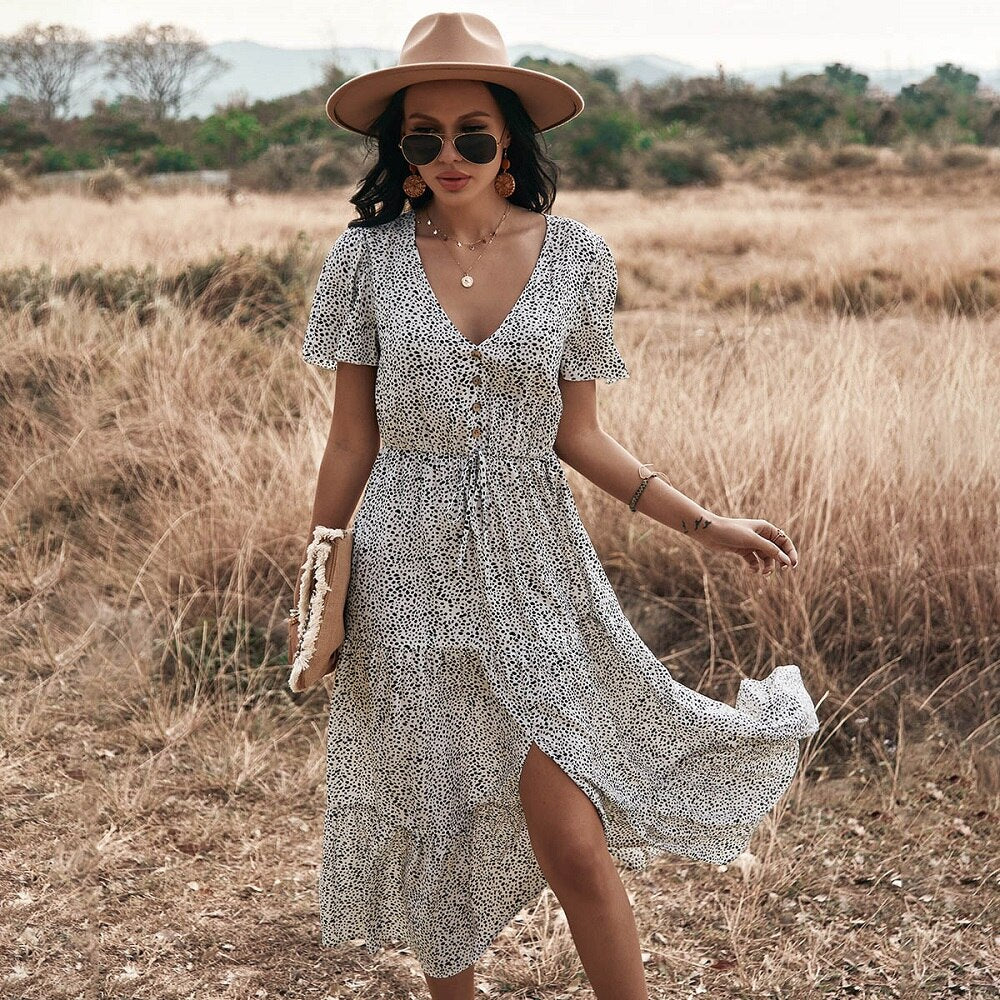 Dot Print Ruffles V Neck Draw String Button Dress Mssaz Desses