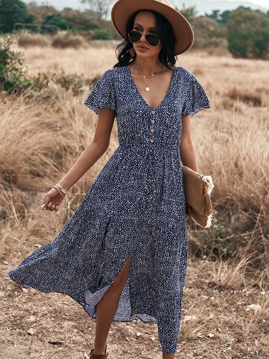 Dot Print Ruffles V Neck Draw String Button Dress Mssaz Desses