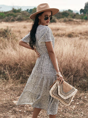 Dot Print Ruffles V Neck Draw String Button Dress Mssaz Desses