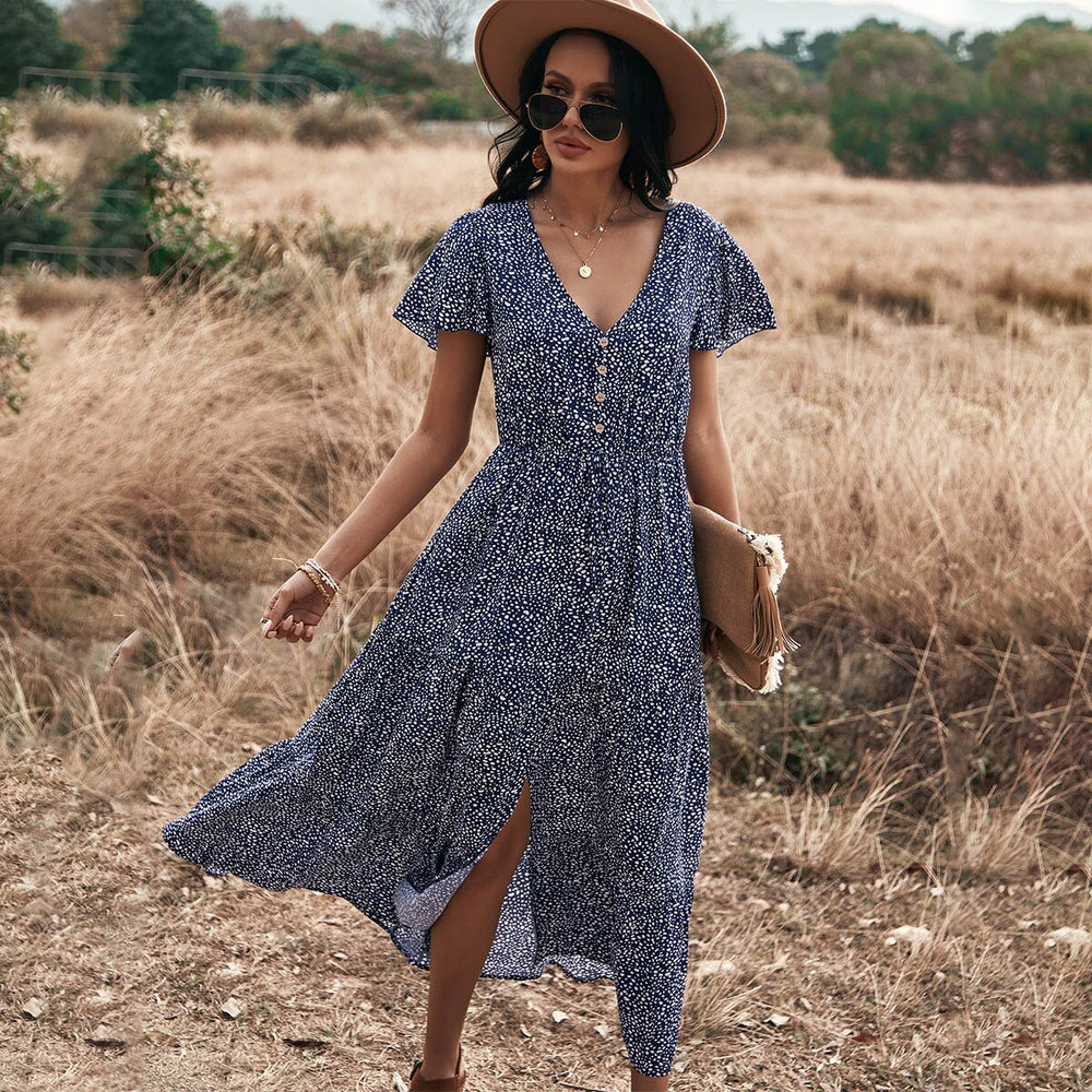 Dot Print Ruffles V Neck Draw String Button Dress Mssaz Desses