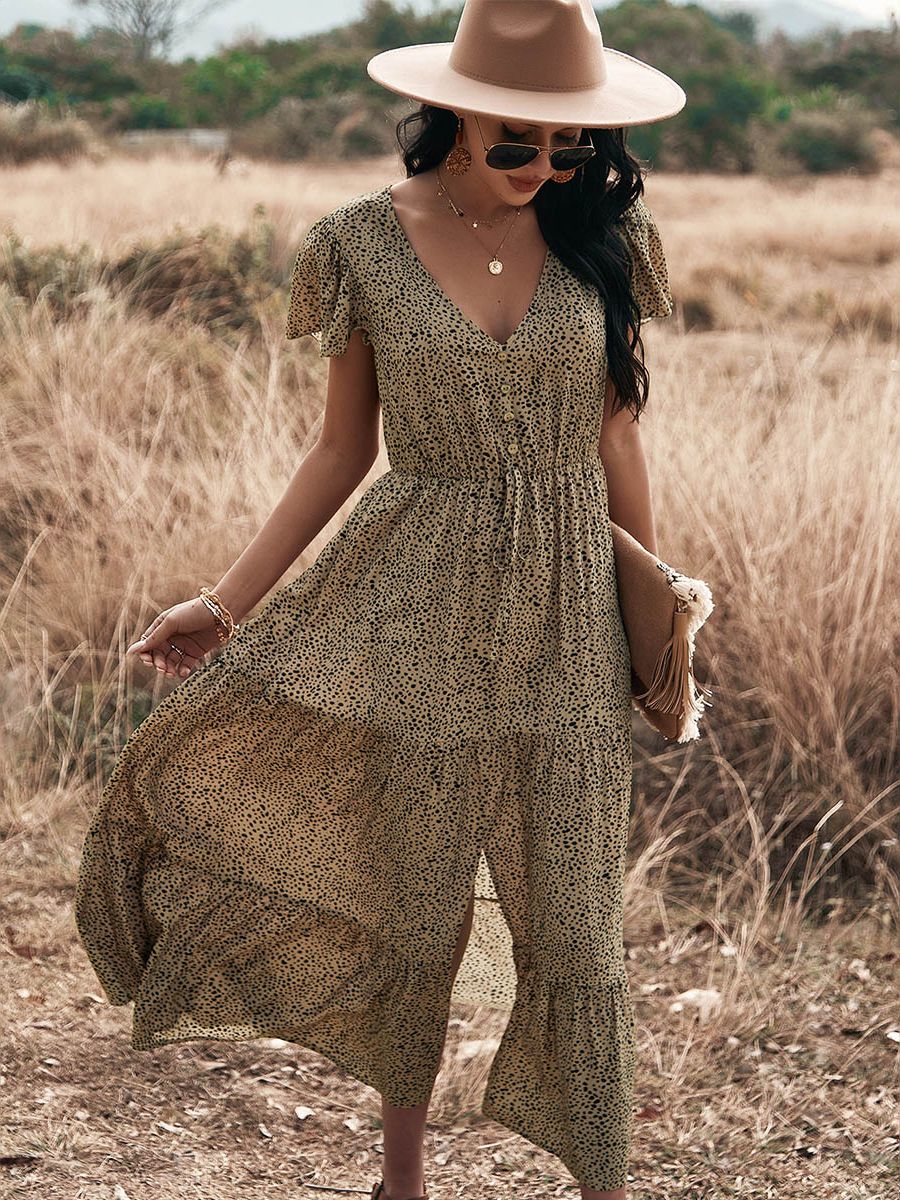Dot Print Ruffles V Neck Draw String Button Dress Mssaz Desses