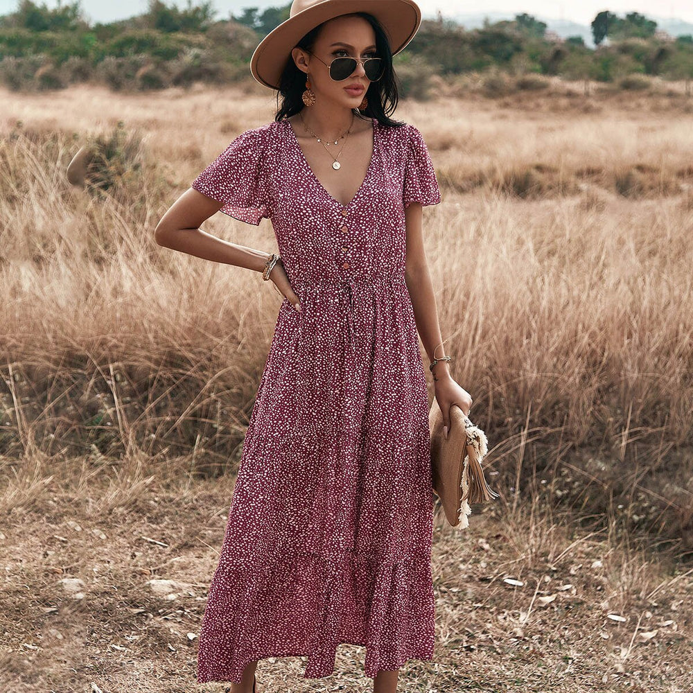 Dot Print Ruffles V Neck Draw String Button Dress Mssaz Desses