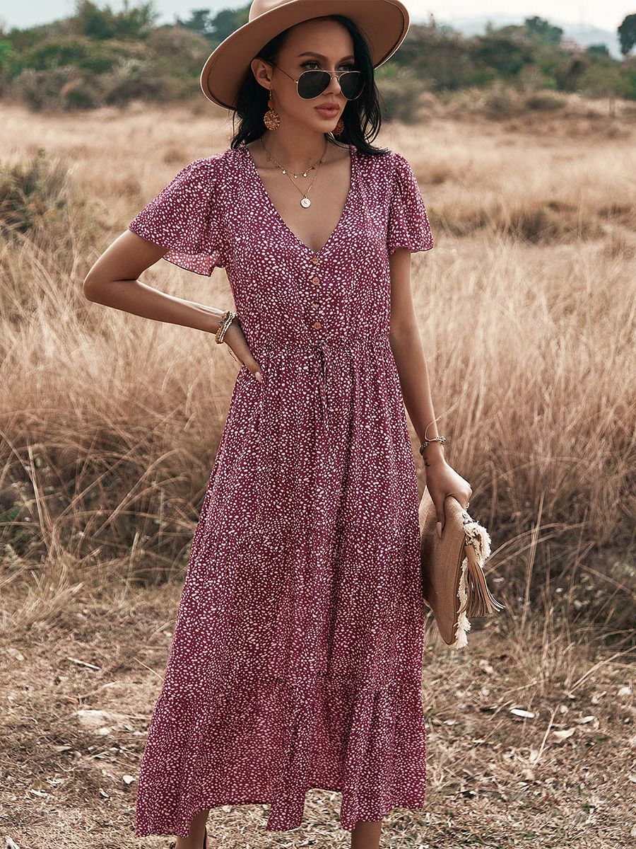 Dot Print Ruffles V Neck Draw String Button Dress Mssaz Desses