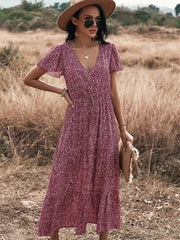 Dot Print Ruffles V Neck Draw String Button Dress Mssaz Desses