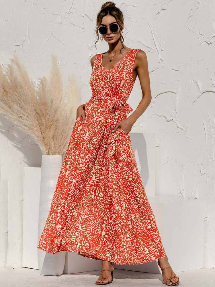 Boho V Neck Sleeveless Pocket Floral Maxi Dress Mssaz Desses