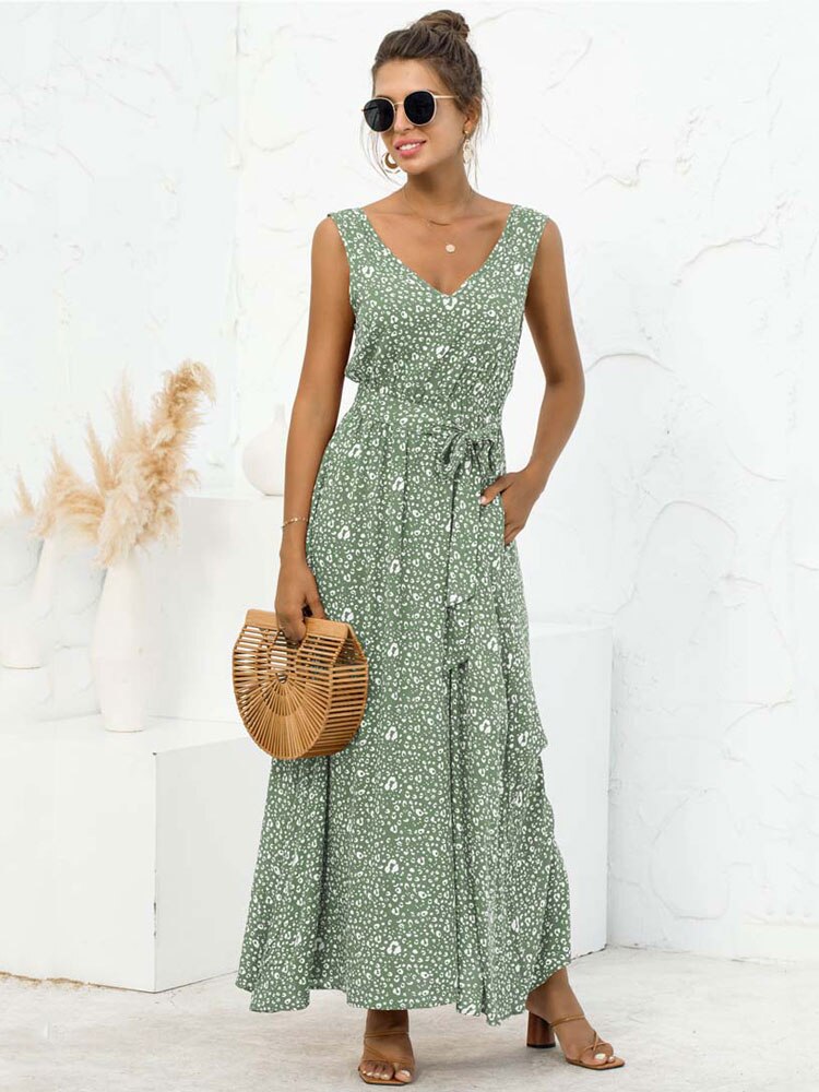 Boho V Neck Sleeveless Pocket Floral Maxi Dress Mssaz Desses