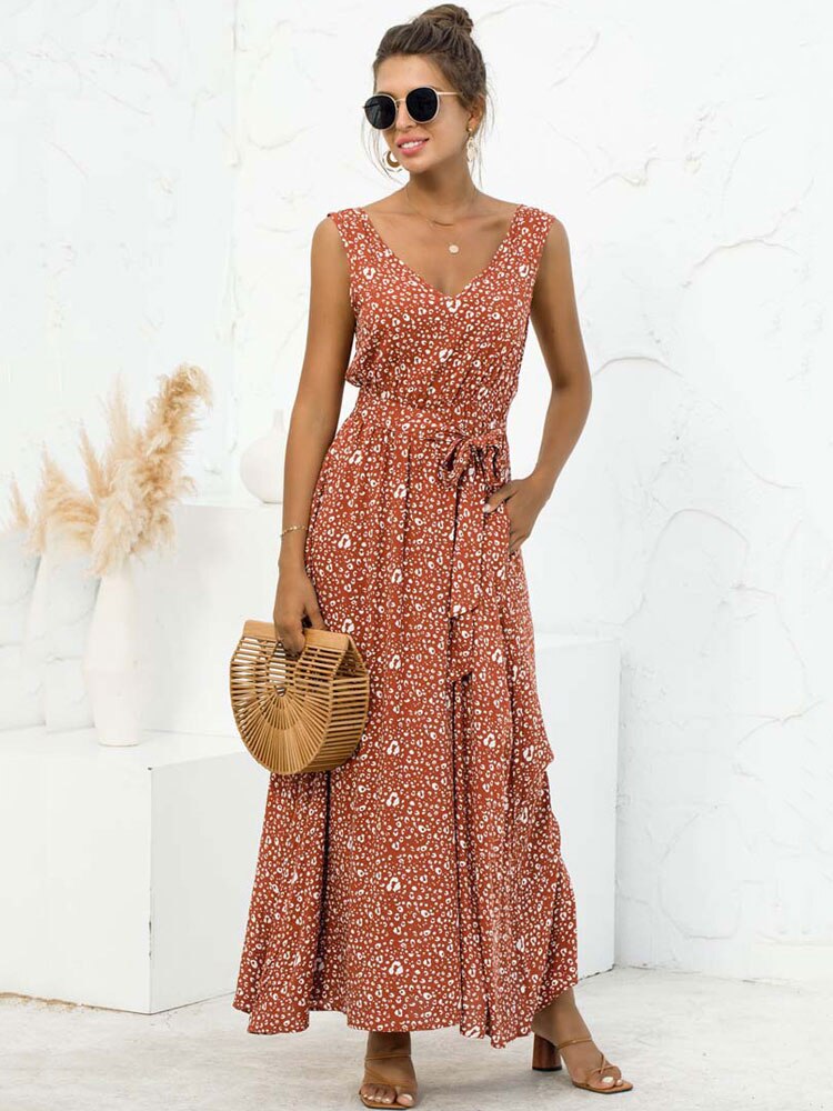 Boho V Neck Sleeveless Pocket Floral Maxi Dress Mssaz Desses