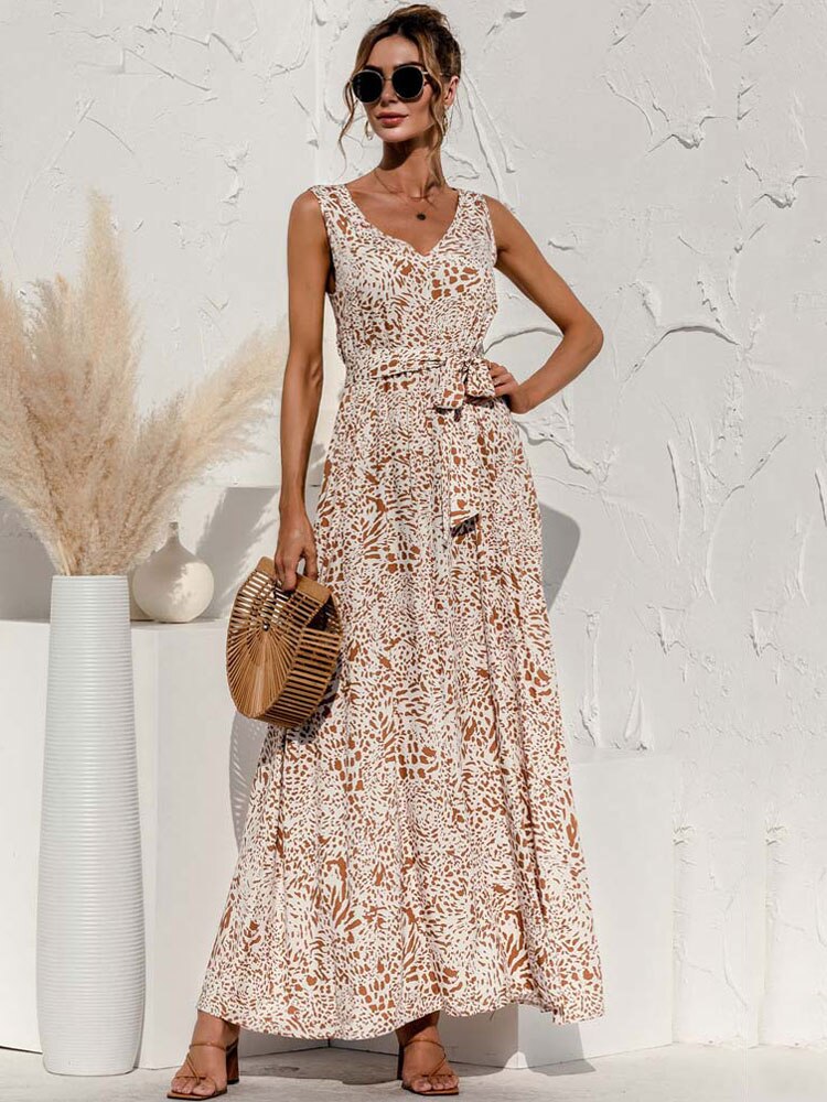 Boho V Neck Sleeveless Pocket Floral Maxi Dress Mssaz Desses