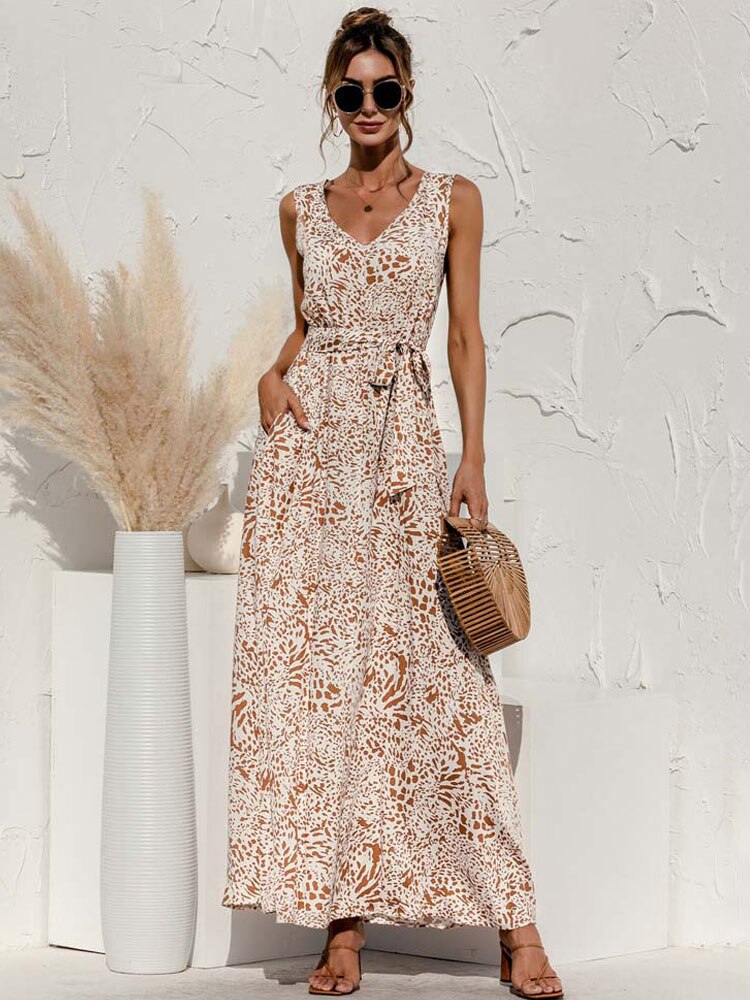 Boho V Neck Sleeveless Pocket Floral Maxi Dress Mssaz Desses