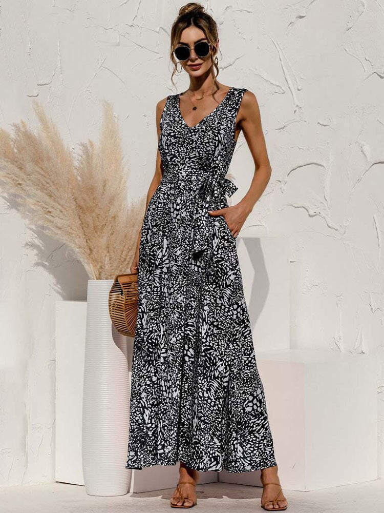 Boho V Neck Sleeveless Pocket Floral Maxi Dress Mssaz Desses