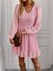 Hollow Solid Ruffles A-line V-neck Elastic Waist Mini Dress Mssaz Desses