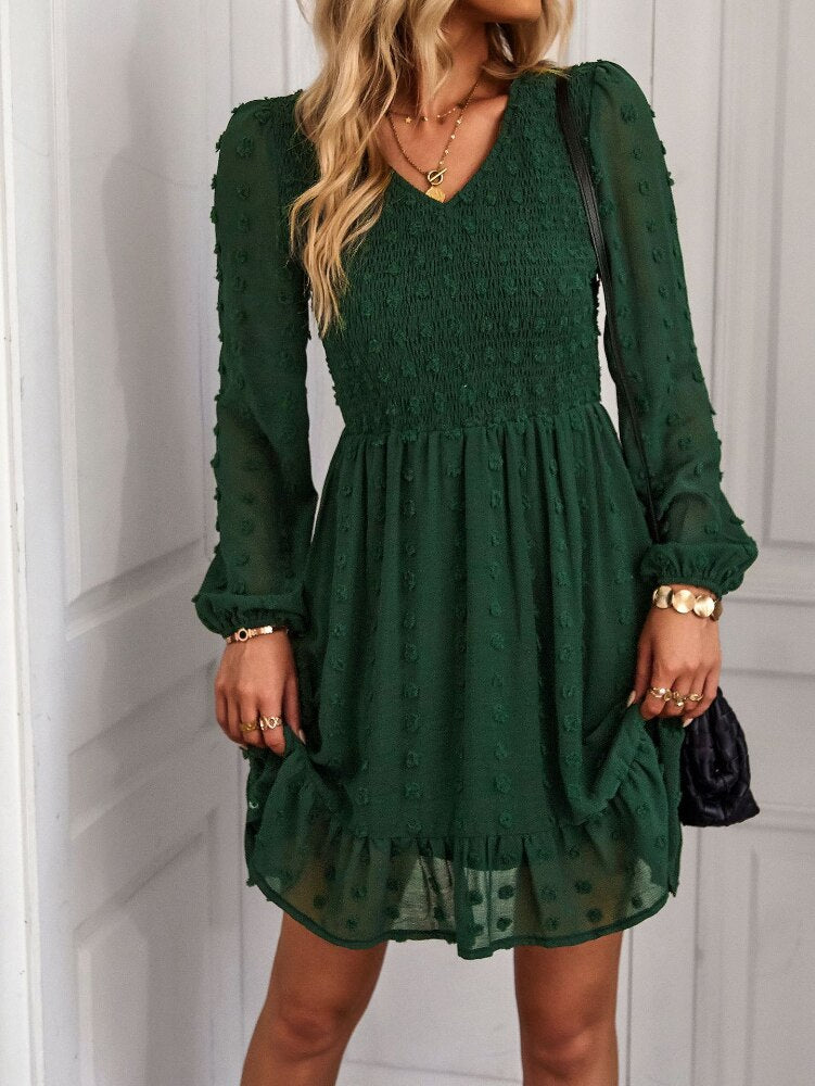 Hollow Solid Ruffles A-line V-neck Elastic Waist Mini Dress Mssaz Desses