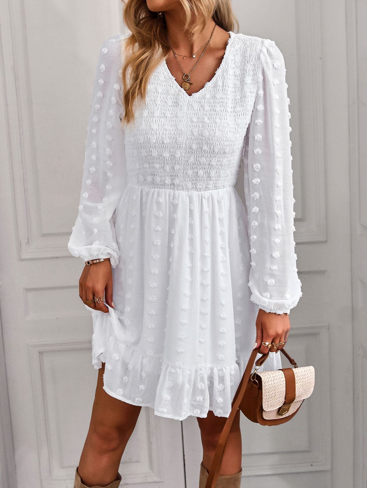 Hollow Solid Ruffles A-line V-neck Elastic Waist Mini Dress Mssaz Desses