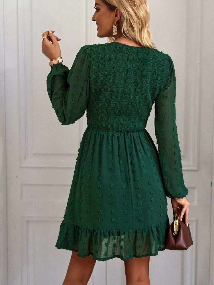 Hollow Solid Ruffles A-line V-neck Elastic Waist Mini Dress Mssaz Desses