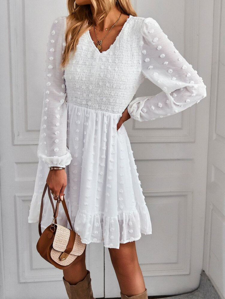 Hollow Solid Ruffles A-line V-neck Elastic Waist Mini Dress Mssaz Desses