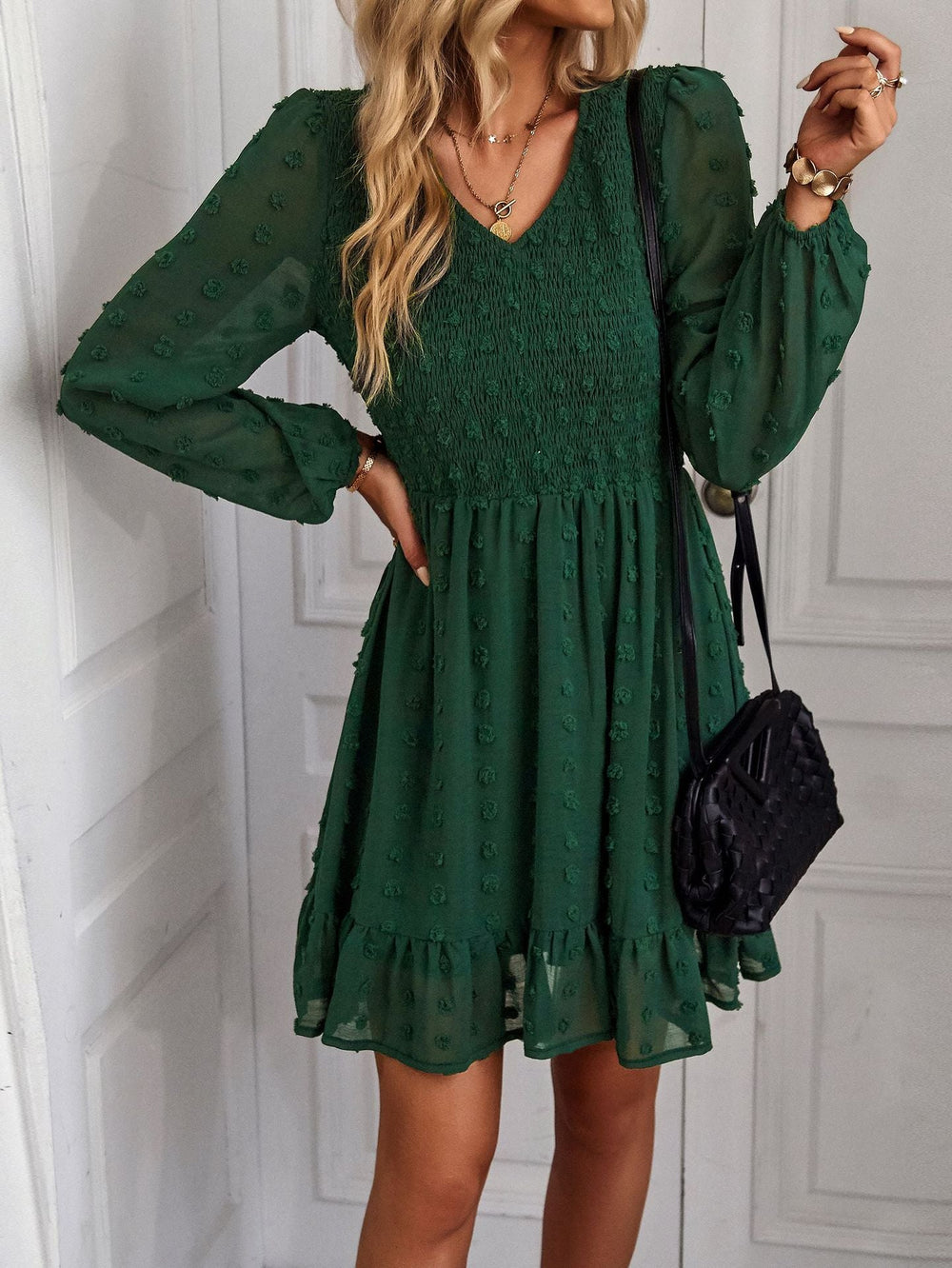 Hollow Solid Ruffles A-line V-neck Elastic Waist Mini Dress Mssaz Desses