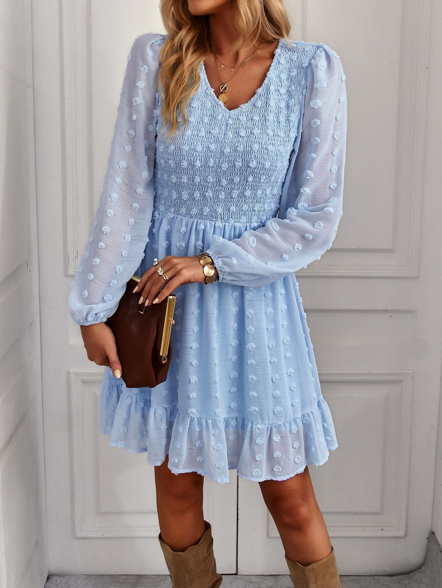 Hollow Solid Ruffles A-line V-neck Elastic Waist Mini Dress Mssaz Desses