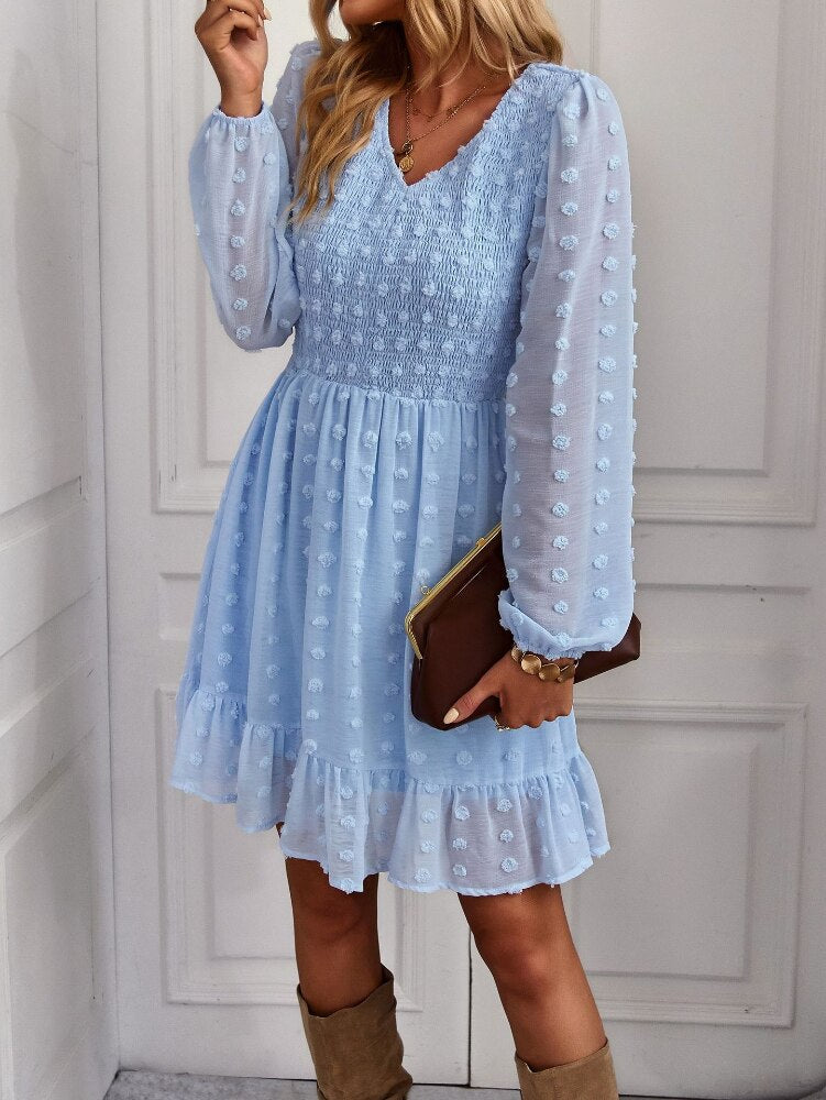 Hollow Solid Ruffles A-line V-neck Elastic Waist Mini Dress Mssaz Desses