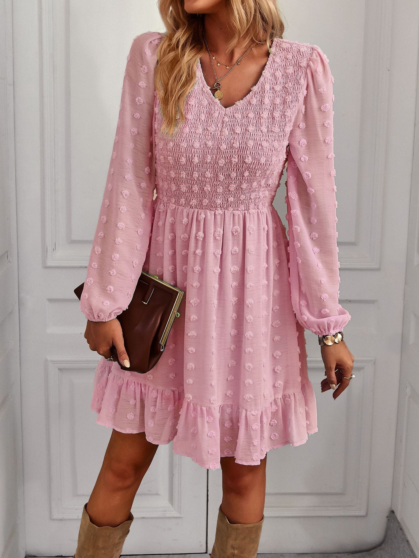 Hollow Solid Ruffles A-line V-neck Elastic Waist Mini Dress Mssaz Desses