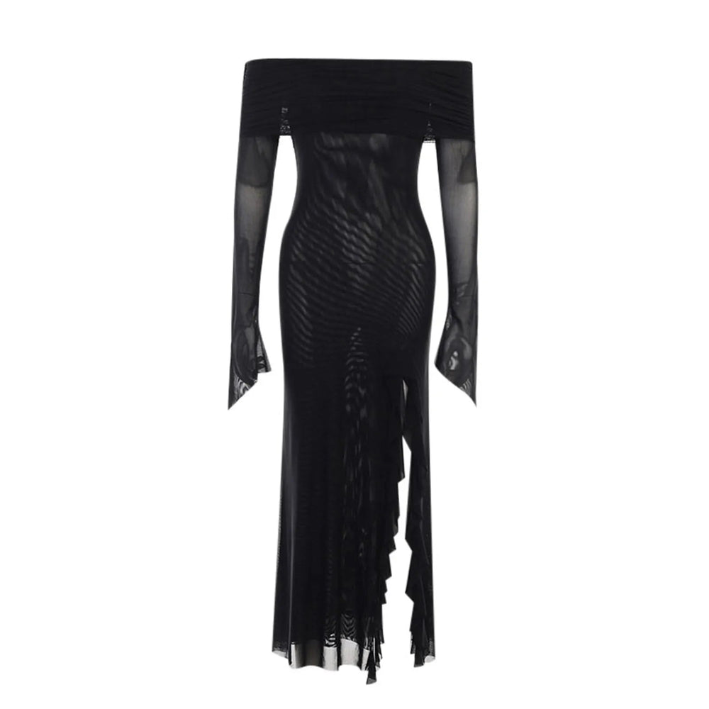 New European And American Gothic Dark Man Slim One Shoulder Mesh Long Casual  Dress Mssaz Desses
