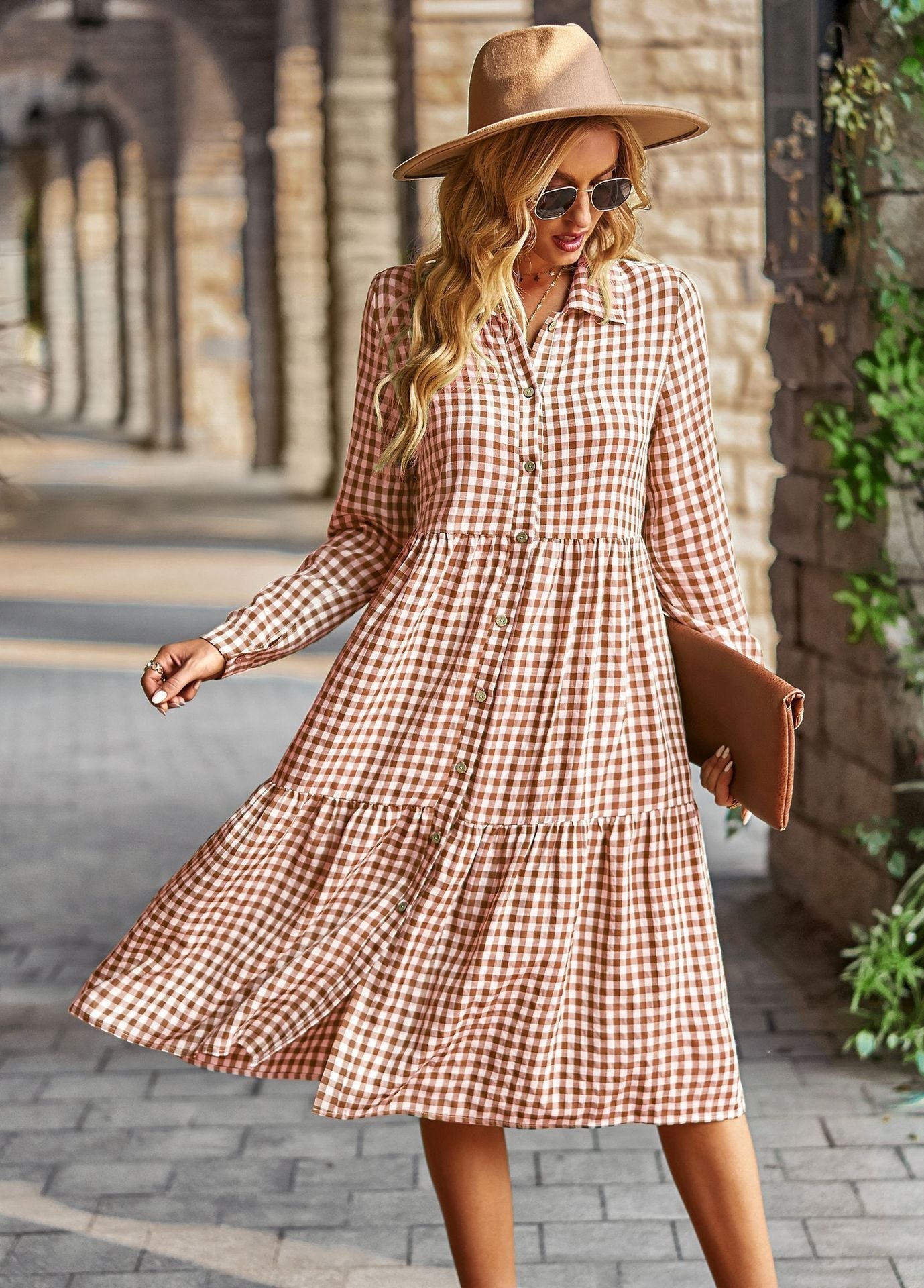 Plaid Print A-line Long Sleeve Shirt Dress Mssaz Desses