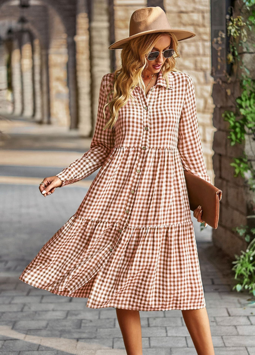 Plaid Print A-line Long Sleeve Shirt Dress Mssaz Desses